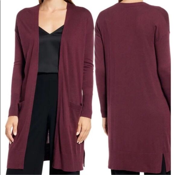 Halogen Women’s Cardigan Size XL Long Duster Pockets Burgundy Open - Picture 1 of 8